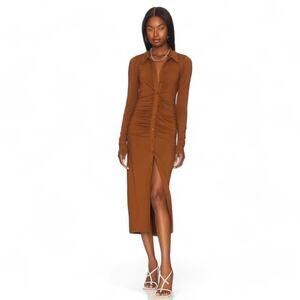 Good American Good Touch Button Front Midi Burnt Caramel Long Sleeve Ruched Sz 2